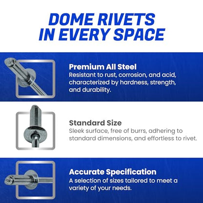 Fastenere Pop Rivets - 1/8" x 3/8" (100 pcs) Heavy Duty, Open-End, Low Carbon Steel, Dome-Head Blind Rivets, Corrosion-Resistant & High Shear Strength, 4-6 Gap 0.313"-0.375" - size: 1/8" x 3/8" (4-6) (100 Pack)