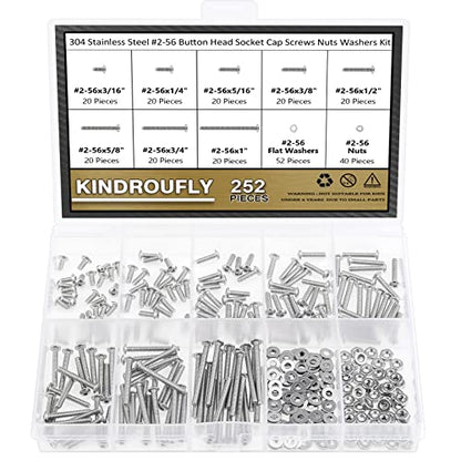 252 Pieces #2-56 x 3/16", 1/4", 5/16", 3/8", 1/2", 5/8", 3/4", 1", Button Head Socket Cap Screws Nuts Washers Assortment Kit, 304 Stainless Steel, Fully Machine Thread - size: #2-56, style: Button Head