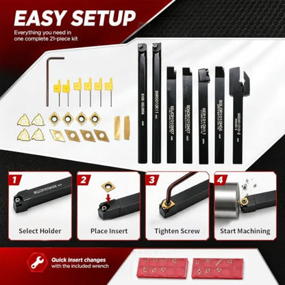 Nakkaa 21Pcs Indexable Lathe Turning Tool Kit 3/8" Shank for Boring Turning - size: 7pcs 3/8'' 10mm Shanks+14pcs Inserts