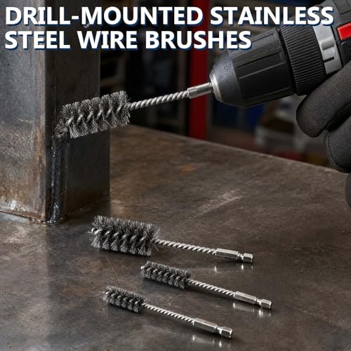4 PCS Stainless Steel Wire Brushes,Hex Shank Handle Small Wire Brushes,for Drill Ports Tubes Bearings Cleaning Parts Attachments and More,3/8'',1/2'',3/4'',7/8''