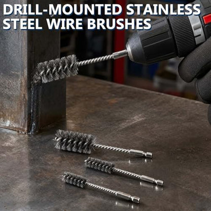 4 PCS Stainless Steel Wire Brushes,Hex Shank Handle Small Wire Brushes,for Drill Ports Tubes Bearings Cleaning Parts Attachments and More,3/8'',1/2'',3/4'',7/8''