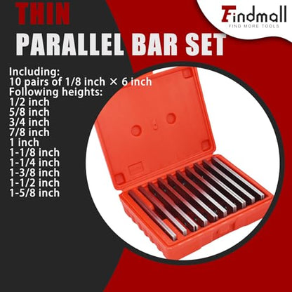 findmall Thin Parallel Bar Set, 10 Pair 1/8" X 6" Accuracy Parallels, Machinist Lathe Tools Thin Parallel Bar Set