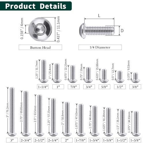 1/4-20 x 1-7/8" Button Head Socket Cap Bolts Screws, 304 Stainless Steel 18-8, Allen Hex Drive, Bright Finish, Fully Machine Thread, Pack of 25 - size: 1/4-20 x 1-7/8