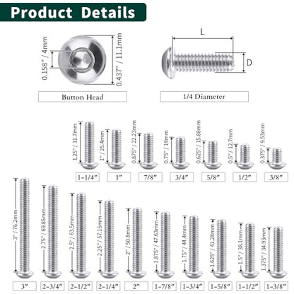 1/4-20 x 1-7/8" Button Head Socket Cap Bolts Screws, 304 Stainless Steel 18-8, Allen Hex Drive, Bright Finish, Fully Machine Thread, Pack of 25 - size: 1/4-20 x 1-7/8