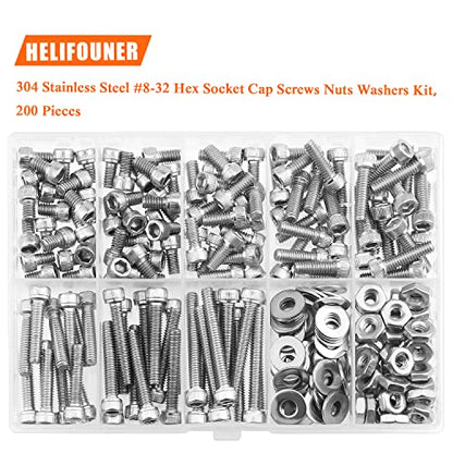 HELIFOUNER 200 Pieces #8-32 x 1/4" 5/16" 3/8" 1/2" 5/8" 3/4" 1" 1-1/4", Hex Socket Head Cap Screws Bolts Washers Nuts Kit, Coarse Thread, Fully Machine Threaded, 304 Stainless Steel - size: #8-32, style: Socket Head