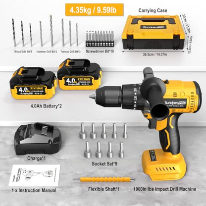 1060In·lbs 21V Brushless Cordless Electric Power Hammer Drill - color: Yellow