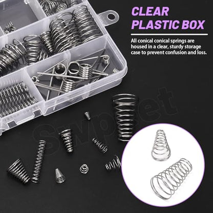 Swpeet 148Pcs 3 Styles Stainless Steel Compression Springs Assortment Kit, 0.3/0,5/0.7/0.8/1 mm Conical Spring Compressed Spring, 0.3/0.4/0.5 mm Compression Springs, 1.5mm-45/90 Degree Torsion Spring - size: N1