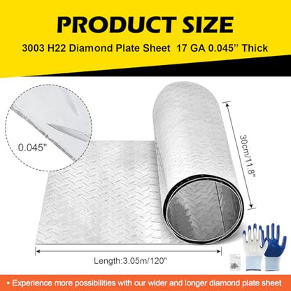 Diamond Plate Aluminum Sheet – 3003 H22, 17GA 0.045" Thick, Heavy-Duty Aluminum Sheet Metal 12"x120", Rust-Resistant Metal Panel for Kitchen, Bathroom, Walk-In Refrigerators, Trailers & DIY Projects ﻿ - size: 12" x 120"