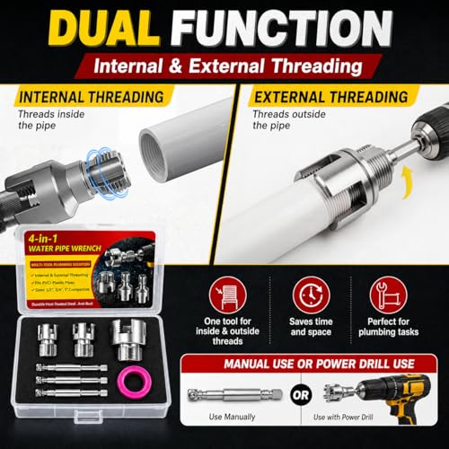 Internal & External Pipe Threading Tool Set, 3Pcs PVC Pipe Threader Kit for 1/2", 3/4" and 1" PVC Plastic Pipes, Heavy-Duty Alloy Steel, Electric Drill Compatible for Plumbing and DIY
