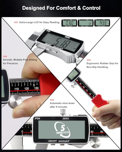 Digital Caliper, 6 Inch Rechargeable & Power Indicator Caliper Measuring Tool - 0.01mm Accuracy, Large LCD Vernier Calipers - IP54 & Full Stainless Steel, MM/Inch/F for Wood Working, DIY，3D - size: 6"-USB‑C