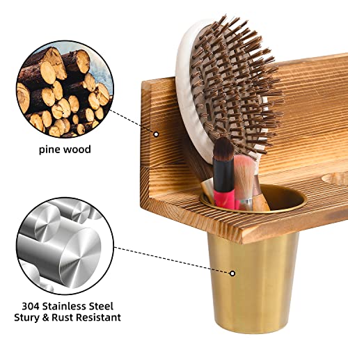 UPTRUST Wall Mount Hair Tool Organizer, Set of 2 Layer Rustic Wooden Dryer Holder Rack, Product Organizer Tray for Dryer with 4 Hooks