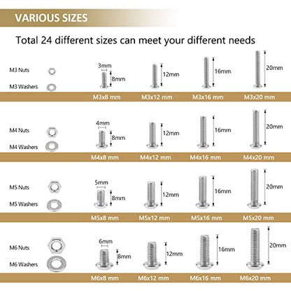 814 Pieces Button Head Socket Cap Screws Nuts Washers Kit, Kindroufly M3 M4 M5 M6 Screw Assortment Kit, Metric Screw Set, Bolts and Nuts, Machine Screws, 304 Stainless Steel, Fully Machine Thread - size: M3/M4/M5/M6, style: Button Head