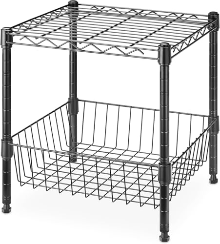 Whitmor 2 Tier Metal Storage Shelves, Heavy Duty Shelf with Basket, 350 lbs Capacity per Shelf, 700 lbs Total, Home Organizer for Kitchen, Garage, Bathroom, 15" L x 14" W x 15" H, Black - color: Black, size: 1-TIER,15"L x 14"W x 15"H(With Basket)