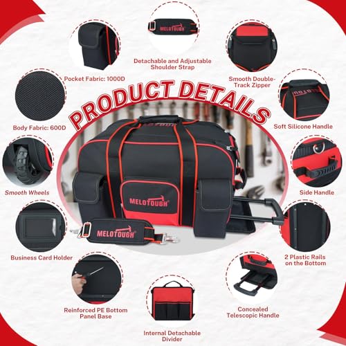 MELOTOUGH Rolling Tool Bag with Wheels, Heavy Duty Large Tool Bag with Concealed Telescoping Handle, Multi-Pocket Organizer for Construction, Electrician, HVAC, Mechanic - 4 Carrying Options (Red) - style: Rolling Tool Bag Only