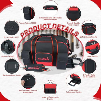 MELOTOUGH Rolling Tool Bag with Wheels, Heavy Duty Large Tool Bag with Concealed Telescoping Handle, Multi-Pocket Organizer for Construction, Electrician, HVAC, Mechanic - 4 Carrying Options (Red) - style: Rolling Tool Bag Only