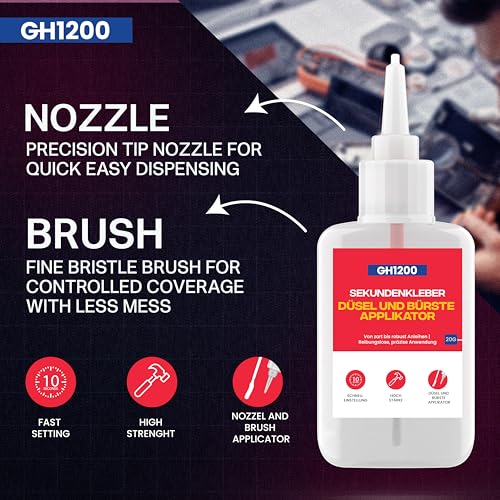 GH1200 2 PCs (2-in-1) Super Glue with Brush Applicator & Nozzle, Mess Free Superglue Brush, Instant Never Dries, 3000 CPS Ca Glue, No Stain Clear Glue, Super Glue for Plastic, Rubber & More - style: 20g x 2Pcs Super Glue Brush & Nozzle