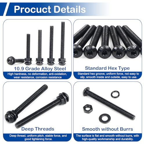 100 Pieces M6 Button Head Socket Cap Screws Nuts Washers Set Black - size: M6 x 30-50mm Kit