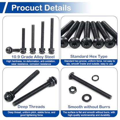 100 Pieces M6 Button Head Socket Cap Screws Nuts Washers Set Black - size: M6 x 30-50mm Kit