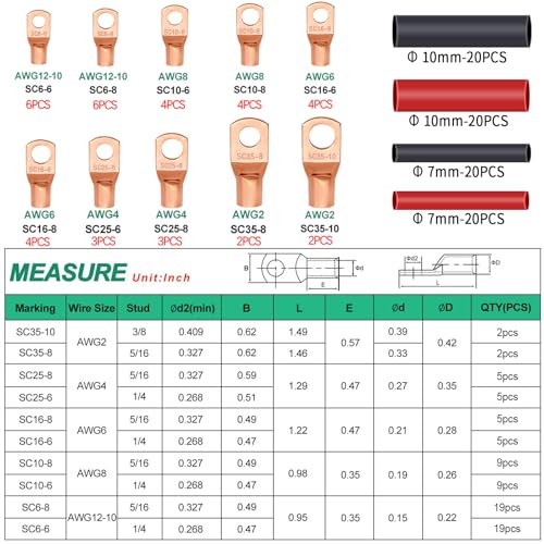Twidec/160PCS Battery Cable Ends AWG 2 4 6 8 10 12 Gauge Copper Cable Wire Lugs,Ring Terminals Connectors,Copper Ring Terminals Connectors with Heat Shrink N-095-160PCS - color: 160PCS
