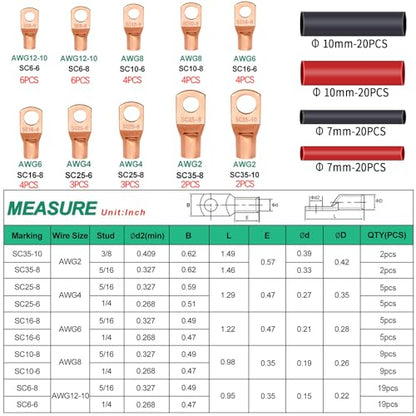 Twidec/160PCS Battery Cable Ends AWG 2 4 6 8 10 12 Gauge Copper Cable Wire Lugs,Ring Terminals Connectors,Copper Ring Terminals Connectors with Heat Shrink N-095-160PCS - color: 160PCS