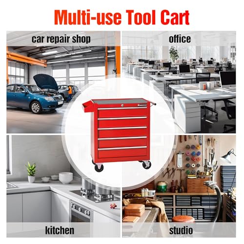 Tool Chest Heavy Duty Cart Steel Rolling Tool Box 5 Drawer Cart (TZ35 Red) - color: Red