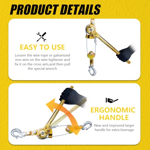 Come Along Winch Puller 3T 10FT, Cable Hoist Winch Puller with 2 Hooks, Come Along Tool Heavy Duty, Ratchet Puller for Lifting Pulling Construction Building - size: 3T-10FT