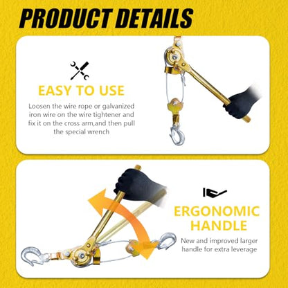 Come Along Winch Puller 3T 10FT, Cable Hoist Winch Puller with 2 Hooks, Come Along Tool Heavy Duty, Ratchet Puller for Lifting Pulling Construction Building - size: 3T-10FT