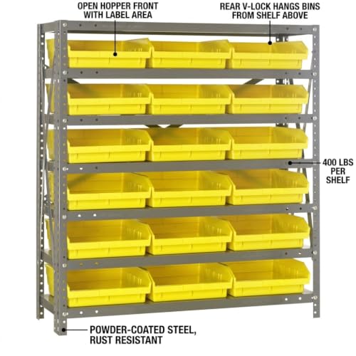 Quantum Storage 1239-109 Steel Shelf Bin Organizer System, 18 4"H Hopper-Front Bins, 7-Shelf Unit, 400 lb Per Shelf, for Warehouse, Shop, Garage & Stockroom, 12"D x 36"W x 39"H, Yellow - size: 39" H x 36" W x 12" D, style: 12" L x 12" W x 4" H 18 Economy