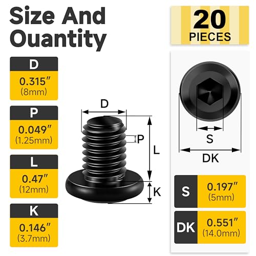 Mywish M8 x 12mm 20Pcs Flat Head Hex Socket Cap Screws Bolts, 304 Stainless Steel Furniture Bolts Full Thread, Black Oxide & Hex Spanner - color: Black-M8, size: 12mm