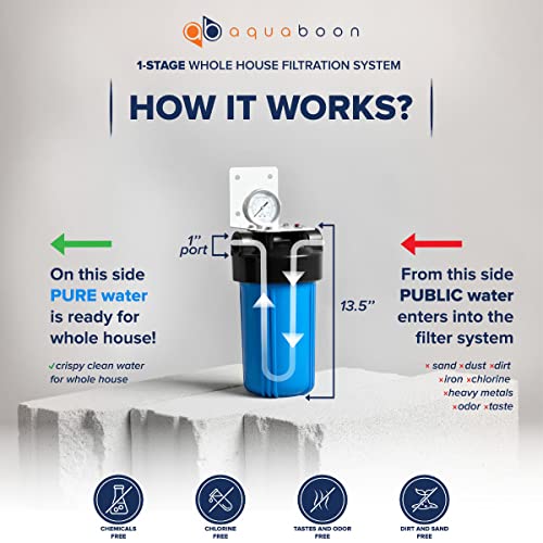 Aquaboon Whole House Water Filter System for Well Water with 5 Micron 10x4.5 Purification Pleated Sediment Cartrige | NSF Certified, Pressure Gauges & Releas, Wrench, Bracket 1" NPT - color: 10 Inch, size: High Flow Sediment Protection