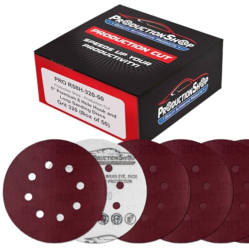 ProductionShop Premium 5" Red 8-Hole Pattern 320 Grit Sanding Discs, Box of 50 - Dustless Hook & Loop Backing Sandpaper for Random Orbital Sanders, Extra-Fine-Cut Abrasive - Woodworking, Auto Paint - style: 320 Grit
