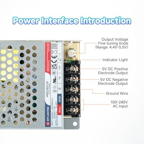 BTF-LIGHTING Power Supply DC5V 50W UL Recognized Component for LED Strip - size: 5V50W