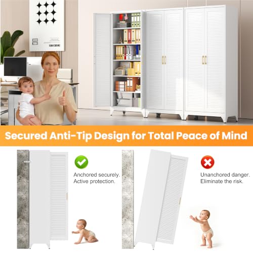 75" Metal Pantry Cabinet,Kitchen Storage Cabinet with Shelves - color: White, size: 75"H-Louvered