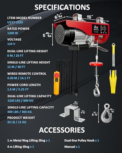 1320 lbs Electric Hoist with 14.1 ft Wired Control,110V Electric Winch with Emergency Stop Switch,Zinc-Plated Steel Wire Hoist,Material Handling Tool for Warehouse,Garage,Factory,Attic