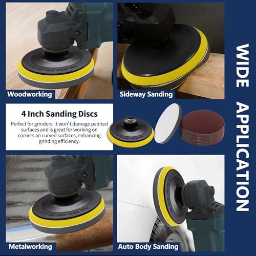 4 Inch Angle Grinder Sanding Discs Kit 100 Pcs Adhesive Sand Paper Discs 40-800 Grit Sandpaper with Cushion Pads and Hook & Loop Backing Pad Polishing Attachments for Wood, Metal, Plastic