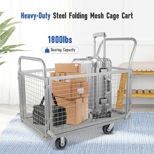 Platform Truck Cart with Cage 4in1 Foldable Heavy Duty Platform Truck Cart, Dolly with Swivel Wheels 1800Lbs Capacity Trolley with Wheels, Multipurpose for Grocery, Laundry, Stall, Storage