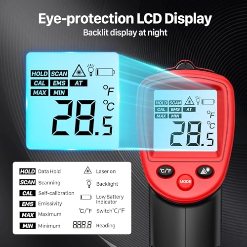 Eventek Infrared Thermometer Gun, -58°F~1112°F Temperature Gun, Laser Thermometer Gun for Cooking, Pizza Oven, Candy, Griddle, Engine, Infrared Thermometer with Adjustable Emissivity & Max Min