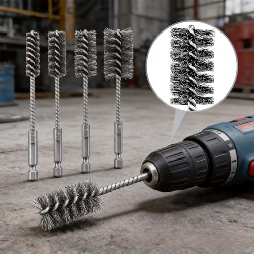 4 PCS Stainless Steel Wire Brushes,Hex Shank Handle Small Wire Brushes,for Drill Ports Tubes Bearings Cleaning Parts Attachments and More,3/8'',1/2'',3/4'',7/8''