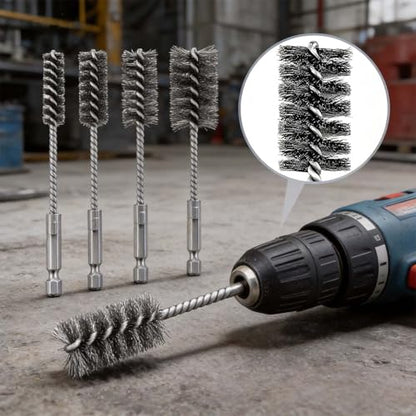 4 PCS Stainless Steel Wire Brushes,Hex Shank Handle Small Wire Brushes,for Drill Ports Tubes Bearings Cleaning Parts Attachments and More,3/8'',1/2'',3/4'',7/8''
