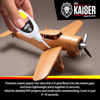 Der Kaiser Thin CA Super Glue (2 oz) – Industrial Grade Cyanoacrylate – 5-10 Sec Cure – Pro Kit with Microtips & Applicators – Wood, Plastic, Metal, Hobby Models, Woodworking, DIY – 2,500-3,500 PSI - size: 2 oz