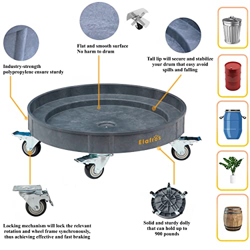 ELAFROS Heavy Duty Plastic Drum Dolly with Brake, 30/55 Gallon, 900lb Grey - color: Gray, size: 1 Pack With Brake