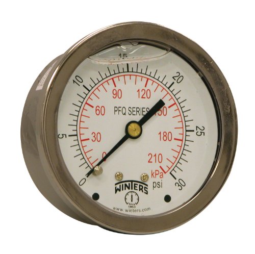 Winters 2-1/2" Dial Size, Liquid Filled Industrial Pressure Gauge, Brass Internals, 304 Stainless Steel Case, Dual Scale 0-30 psi/kPa, 1.5% Acc, 1/4" NPT Back Mount, Glycerin Filled Pressure Gauge - style: 0/30 PSI/kPa