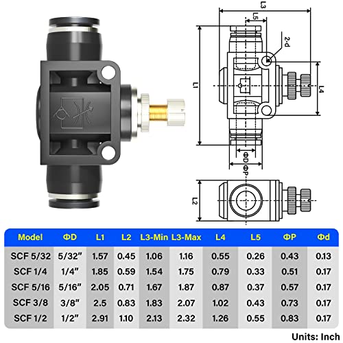 TAILONZ 5/16" OD Air Flow Control Valve Push-to-Connect Fitting 5PCS - size: 5/16"/Black/5PCS