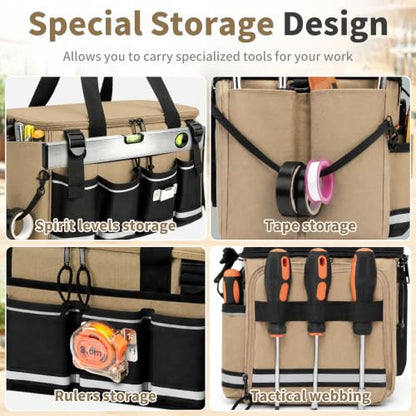 14-Inch Heavy Duty Tool Bag, 17 Pocket Tool Box Organizer - color: Khaki
