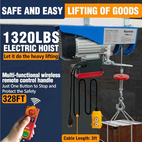 Electric Hoist 2 in 1,Electric Hoist 1320lbs, Bigorenda 110v Electric Hoist Winch with 328ft Wireless Control & Wired Remote Control, 65.6ft Lifting Garage Lift Hoist,for Factories, Warehouses, Attic - color: Sky blue