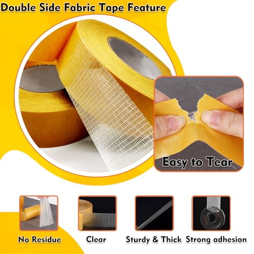 Qoqooice Double Sided Fabric Tape Heavy Duty Mounting Tape 0.79" x 66FT Resistente Clear Super Stick Tape with Fiberglass Mesh High Tack Strong Adhesive for Clothes Carpet Arts - size: 0.79 Inch x 66FT