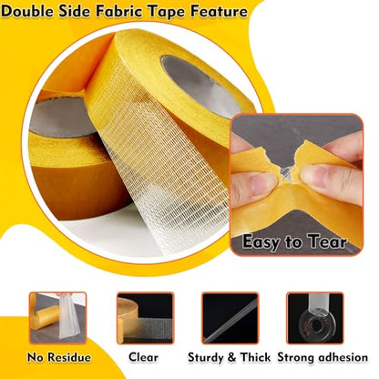Qoqooice Double Sided Fabric Tape Heavy Duty Mounting Tape 0.79" x 66FT Resistente Clear Super Stick Tape with Fiberglass Mesh High Tack Strong Adhesive for Clothes Carpet Arts - size: 0.79 Inch x 66FT