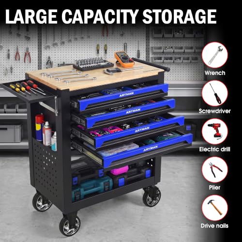4 Drawers Rolling Tool Cart on Wheels, Wood Countertop Heavy Duty Tool Chest with Adjustable Shelf, Locking System, Rolling Tool Cabinet Trolley for Garage,Warehouses,Repair Shops (Blue) - color: Blue