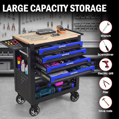 4 Drawers Rolling Tool Cart on Wheels, Wood Countertop Heavy Duty Tool Chest with Adjustable Shelf, Locking System, Rolling Tool Cabinet Trolley for Garage,Warehouses,Repair Shops (Blue) - color: Blue