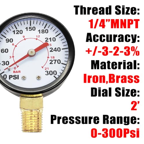 1/4" NPT 300Psi Steel Economical All Purpose Pressure Gauge with Brass Internals 2" Dial Display Bottom Mount - size: 0-300Psi (dry), style: Lower Mount-1/4"NPT